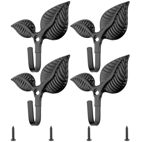 Set of 4 Vintage Leaf Wall Hooks Black Metal Coat