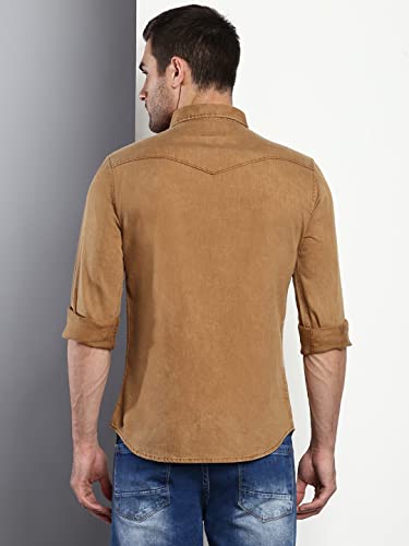 Image of Dennis Lingo Men's Solid Slim Fit Cotton Casual Shirt with Spread Collar & Full Sleeves
