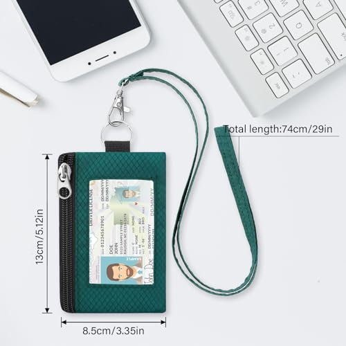 Image of Minimalist RFID Wallet with Lanyard, Multi-Functional ID Case with 2 Zipper Pockets and Key Chain for Men and Women, Tactical Badge Pouch Cards Holder, Coin Purse for Travel Sports-DarkGreen
