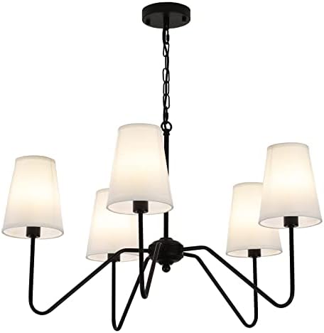 JSDORSY Chandelier with White Fabric Shade, Black Dining Room Light Fixtures Over Table, Classic Pendant Light Fixtures Ceiling Hanging for Living Room Bedroom, 5-Arm, 30" Dia