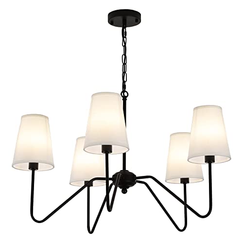 Jsdorsy Chandelier With White Fabric Shade, Black Dining Room Light Fixtures Over Table, Classic Pendant Light Fixtures Ceiling Hanging For Living Room Bedroom, 5-Arm, 30" Dia #TOP1