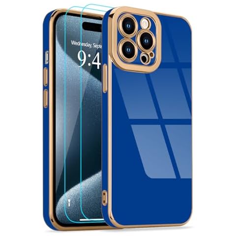 Lafunda for iPhone 15 Pro Case for Women Girls with [2pcs Screen Protector] Cute Luxury Golden Edge Plating Bumper Elegant Raised Camera Protection Cover Silicone Phone Case for iPhone 15 Pro, Blue Cover