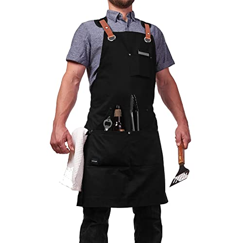 GOYLSER Woodworking Apron For Men, Waterproof Leather Apron Chef Apron, Shop Work Waxed Canvas Apron With Pockets, Adjustable Welding Apron Tool Apron Black Apron For Kitchen Cooking Grill BBQ Garden