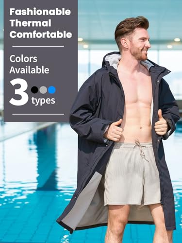 Owntop Wasserdichter Winddichter Wickelmantel – Übergroßer Quick-Dry Langarm Mantel mit Kapuze für Strand Schwimmen Surfen Spaziergänge, Schwarz+Grau, M(170-175CM/60-70KG)