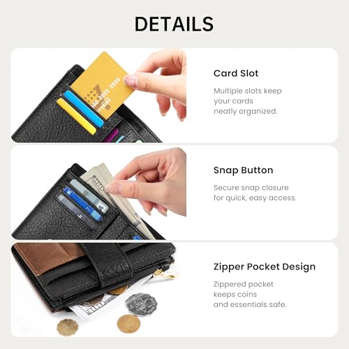 Small Wallet for Women RFID Blocking Card Holder Bifold Compact Wallets With Zipper Coin Pocket Black&Brown3