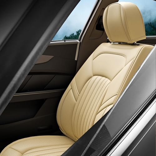 FEELON 5 Pieces ZC Front and Rear Car Seat Covers, Waterproof Nappa Leather Full Set Car Seat Protectors, Universal Auto Interior Fit for Sedans SUV Pick-up Truck, Beige by FEELON - Image 4