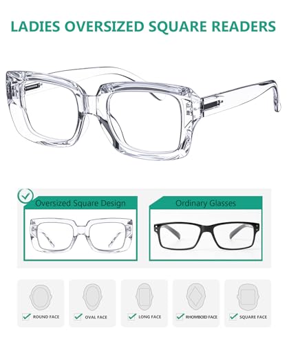 Image of Eyekepper 4 Pack Stylish Reading Glasses Women - Oversized Square Readers Transparent +3.25
