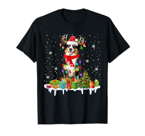 Lumières de Noël pour berger australien Père Noël et renne T-Shirt