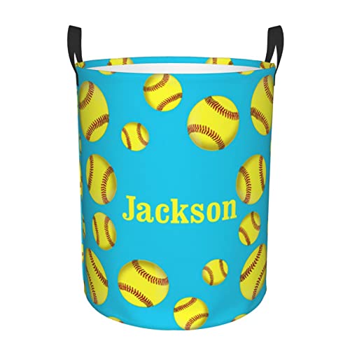 Yellow Softball on Blue Personalized Laundry Basket Name Clothes Hamper with Handles Waterproof Laundry Storage Baskets for Bedroom Bathroom Decor.