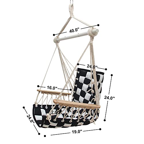 Rooity Hammock Chair Hanging Swing With Wooden Armrests;Steel Spreader Bar And Anti-Slip Rings;Cotton Woven Fabric;Up To 400 Lbs For Bedroom,Patio,Porch,Deck-Indoor Outdoor Black&White #TOP2