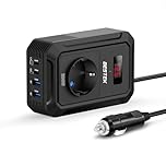 BESTEK 200W Inverter 12v 220v 230V 240V Onda Pura,Inverter Auto con Prese AC 2 USB-C (2*PD 30 W) 2 USB-QC (18 W),Convertitore Potenza per Camper/Barca a Onda Sinusoidale Modificata（Nera）
