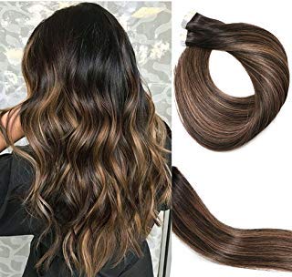 Tape In Hair Extensions 20pcs/50g Per Set #1BT6P1B Natural Black to Chestnut Brown Highlight Black Piano Color Double Sided Tape Skin Weft Remy Silk Straight Hair Glue in Extensions Human Hair 14 Inch