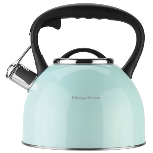 MAGEFESA Esmeralda Stainless Steel Whistling Tea Kettle, 2.9 Qts, Drip-Free Pouring System, Suitable for All Types of Stovetops Including Induction, Removable Lid for Easy Cleaning Teapot