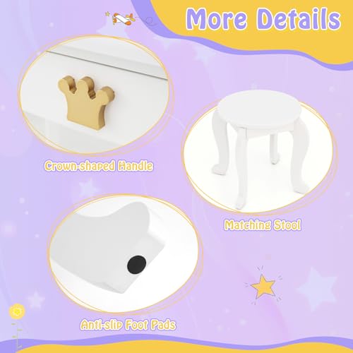 Image of KOTEK Kids Vanity with Lights, Crown Girls Vanity Set w /Tri-Folding Mirror, Detachable Top, Stool & Drawer, Wooden Toddler Makeup Dressing Table, Kids Vanity Table and Chair Set (White)