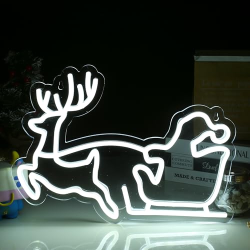 Image of Santa Claus And The Sled Neon Sign Christmas white LED Sign Light,Art Wall Decorative Night Light 3 Colors for Indoor Party Kids Bedroom Wedding Bar Pub Club Christmas Decor,15.94 inch*11.22 inch