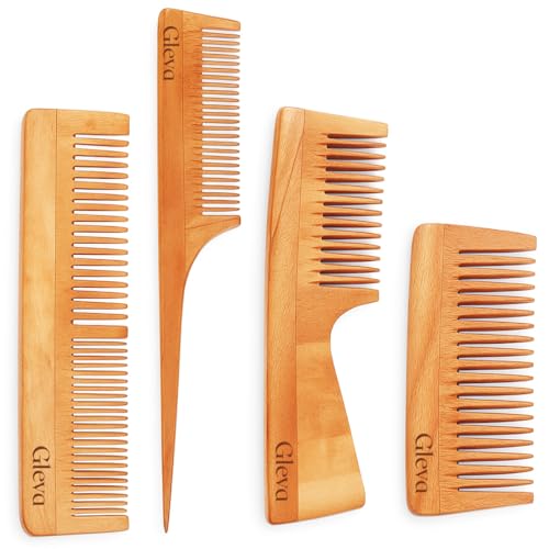 Image of Gleva Natural Neem Wood Comb Set | Anti-Frizz, Hair Fall & Dandruff Control, Scalp Massage, Gentle Detangling Natural Wooden Hair Combs for Hair Growth & Scalp Care for Men & Women (Pack of 4)