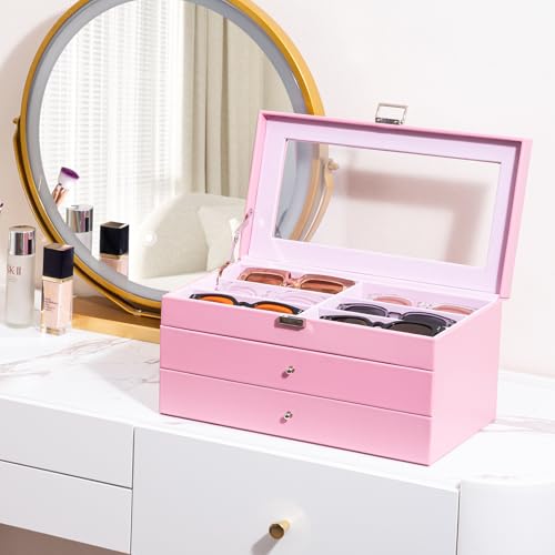 Image of ProCase 3-layer Sunglasses Storage Organizer, 18 Slots Leather Sunglass Box Multiple Pairs Eyeglass Cases Eye Glass Eyewear Display Holder for Men Women -Pink
