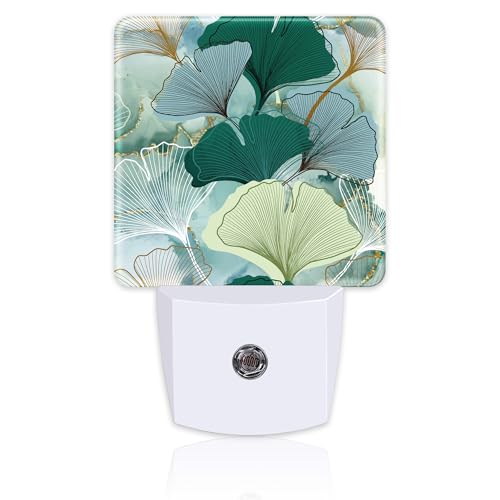 Image of Green Gold Ginkgo Leaves Night Light for Kids,Abstract Botanical Leaves Night Light Plug in with Dusk to Dawn Sensor,0.5w Energy Saving Nightlight for Hallway Stairway Kitchen Bedroom