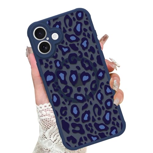 Image of KANGHAR Case for iPhone 16 Blue Leopard Printed Pattern | Cute Cheetah [Compatible with Magsafe] Protective Magnetic Case for Girls Women 6.1 inch