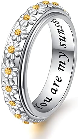 Ladytree Daisy Anxiety Relieve Spinner Rings You Are My Sunshine Flower Fidget Ring Sterling Silver ADHD Stress Relieving Ring for Women (6)