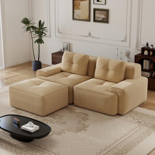 Image of 82 inch L Shaped Modular Boneless Couch with Movable Ottoman, 2 Seat, Soft Corduroy Fabric, Deep Seat Cloud sectional Sofa with Pearl Like Piping and Tufted Design, No Assembly, Anti Slip, Camel