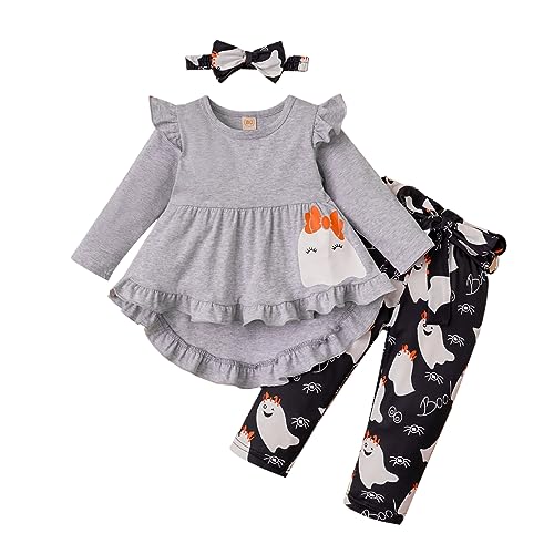 Noubeau Toddler Baby Girl Halloween Outfits Long Sleeve Ruffle Boho Shirt Dress Ghost Pumpkin Pants Sets 3Pcs Fall Outfits