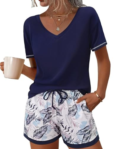 Litherday Pyjama Femme Court Ensemble de Pyjama Coton Col en V Vêtements de Nuit à Manches Courtes Pantalon de Nuit Imprimé à Carreaux,Plante Bleu Marine,XL