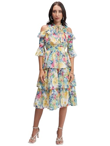 Image of Tokyo Talkies Women's Graceful Floral Ruffle Short Dress with Elegant Elbow-Below Sleeves Perfect for Brunches, Vacations & Stylish Outings