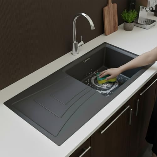 Image of EVANEX Quartz Sink for Kitchen|36x18x9 inch Kitchen Sink with Drain Board|Granite Sink for Kitchen Basin|Grey Quartz Kitchen Sink with Connector, Waste Pipe, Coupling and Drain Basket