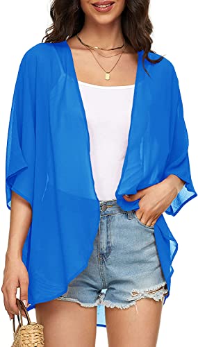 Image of Indian Trendy Women's Solid Puff Sleeve Kimono Cardigan Loose Cover Up Casual Blouse Top Chiffon
