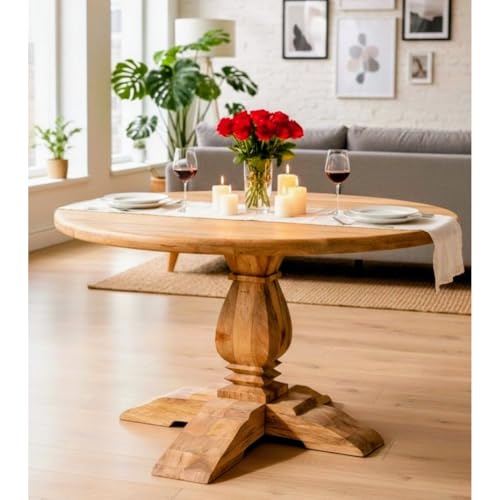 Image of 4-Seater Round Dining Table - Solid Mango Wood - Rustic Natural Finish - Pedestal Base - Farmhouse Kitchen Furniture- Table Only