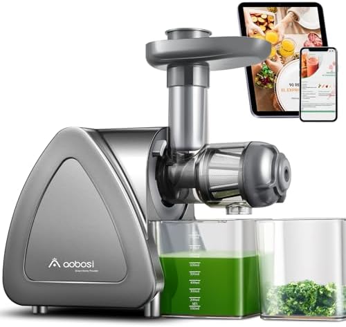 Juicer Machine, Aobosi Slow Masticating Juicers, Cold Press Juicer Machines with Reverse Function, Quiet Motor, High Juice Yield with Juice Jug & Brush for Cleaning (Gray)