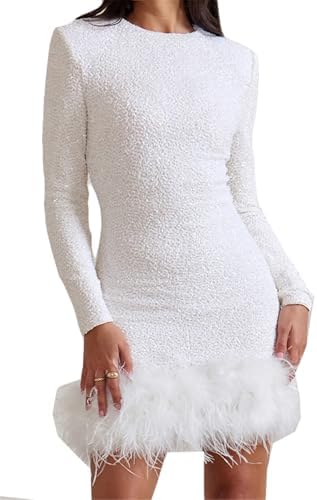 Qikaka Women's Long Sleeve O Neck Sequins Bodycon Feather Fur Bod...