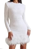 Recious Womens Sexy Long Sleeve O Neck Sequins Bodycon Feather Fur Bodycon Party Clubwear Dress White