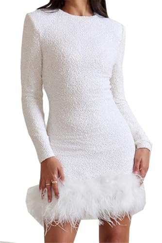 Qikaka Womens Long Sleeve O Neck Sequins Bodycon Feather Fur Bodycon Sexy Nightclub Party Dress White