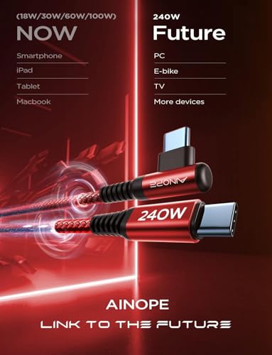 Image of AINOPE 240W Long USB C Cable 10 ft USB C Cable Fast Charging Type C Charger Right Angle Fit iPhone 16 15 Pro MacBook Max iPad Samsung 25 10FT Red