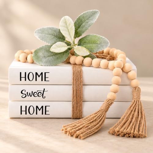 Linen Decorative Faux Books, Set of 3 Fake Books with Wood Bead Tassels and Artificial Green Leaves, Modern Coffee Table Book for Home, Office, Bookshelf and Mantel Decor (White and Black)