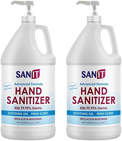 Sanit Moisturizing Hand Sanitizer Gel 70% Alcohol - Kills 99.99% Germs, Advanced Formula with Vitamin E and Aloe Vera - Soothing Gel, Fresh Scent, Made in USA - 64 oz with Pump 2 Pack