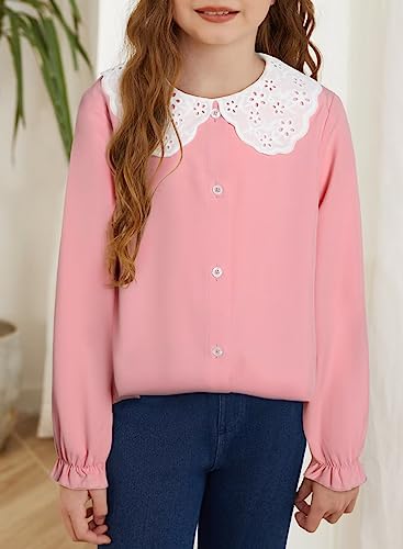 Image of DOKOTOO KIDS Girls Ruffle Long Sleeve Chiffon Blouses Cute Peter Pan Collar Shirts Tops 7-15 Years