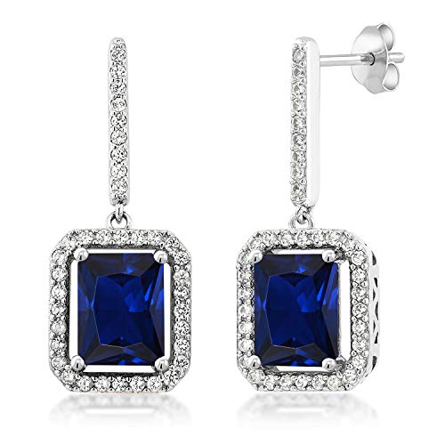 Gem Stone King Sterling Silver Blue Simulated Sapphire Earrings 6.36 cttw Emerald Cut 9X7MM