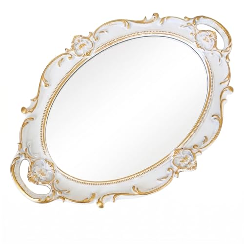 Schones Geschaft Oval Mirror Tray White Gold Trim 14.6x9.8 Inch Multi-Purpose Vanity Jewelry Cosmetic Organizer Decorative Dessert Photography Prop for Bedroom Living Room
