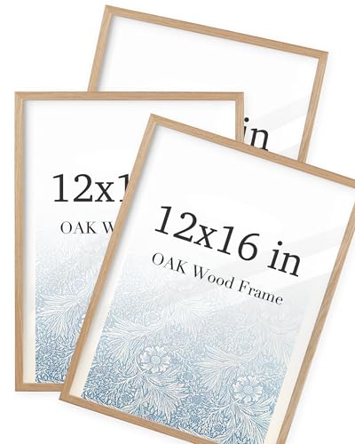 Image of UPWOIGH 12x16 Oak Wood Picture Frame - Minimalist 12x16 Poster Frame, 12"x16" Picture Frame Wood, Natural Solid Wooden Picture Frames for Wall Art Photo and Prints (Set of 3)