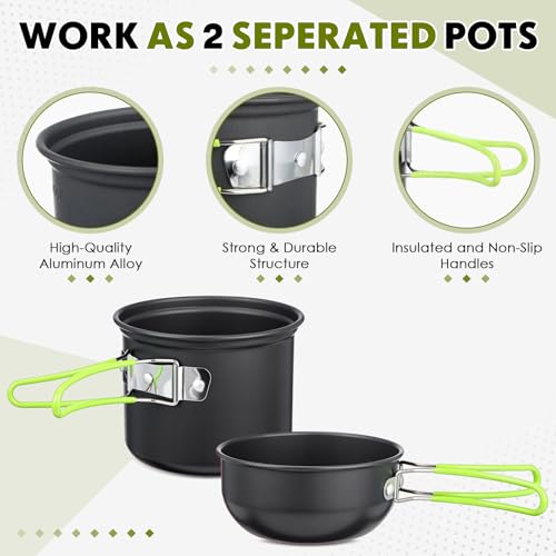 18-Pcs Camping Cookware Mess Kit for 2, Non-Stick Lightweight Pot Pan Set with Stainless Steel Cups & Plates, Folding Utensils with 3 Storage Bags for Emergency Prep, Hiking, Picnic - Image 5