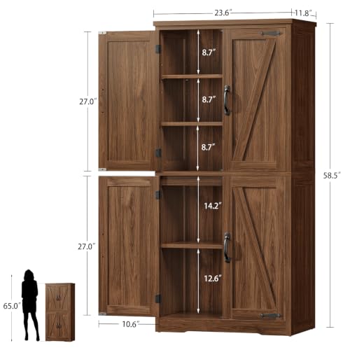 Image of TEENFON 58 inch H Storage Cabinet with Adjustable Shelf, Kitchen Cabinet with 4 Doors, Farmhouse Pantry Cabinets, Cupboard for Kitchen, Bathroom, Living Room, Walnut