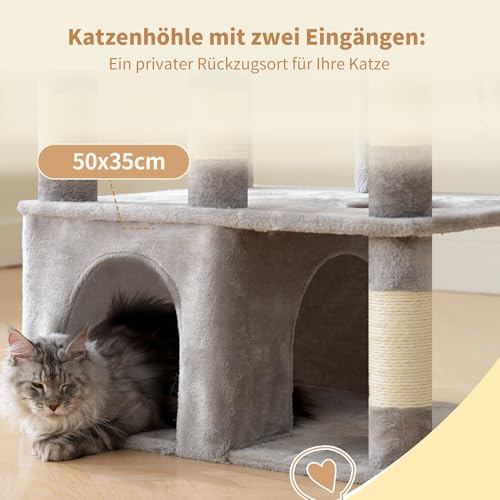 Heybly Kratzbaum, 180 cm Kratzbaum Groß mit extrem Stabiler Basis, XL-Plattform, großes Katzenhaus, 2 Hängematten, mehrstöckige Katzenmöbel für Maine Coon und andere Großkatzen, Hellgrau HCT037W