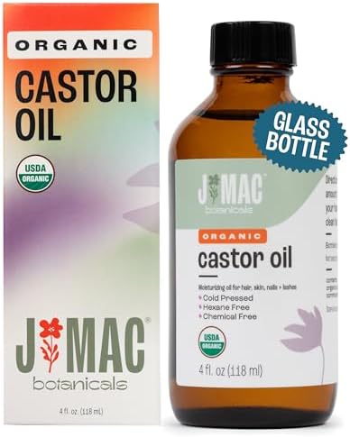 J MAC BOTANICALS Organic Castor Oil Cold Pressed in Amber Glass Bottle (4oz, NO DROPPER) USDA Certified, Hexane Free - Moisturizing Oil for Hair, Skin, Face, Eyelashes, Brows, Nails, and Castor Wraps