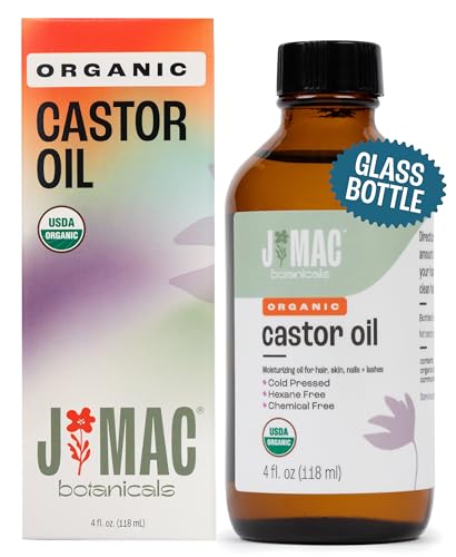 J MAC BOTANICALS Organic Castor Oil Cold Pressed (Glass Bottle, 4 oz, NO DROPPER), pure hexane free castor oil for face, skin, eyelashes