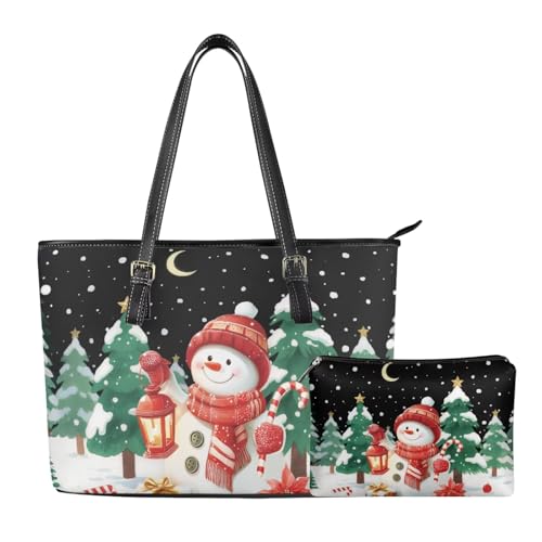 Christmas Tote Bag for Women PU Leather Handbag Shoulder Top-handle Purses with Small Makeup Bags