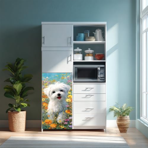 Image of 14.6x32.3 Inch Trash Can Cover White Dog in Flower Field Design Outdoor Garbage Bin Decoration Sticker Wrap