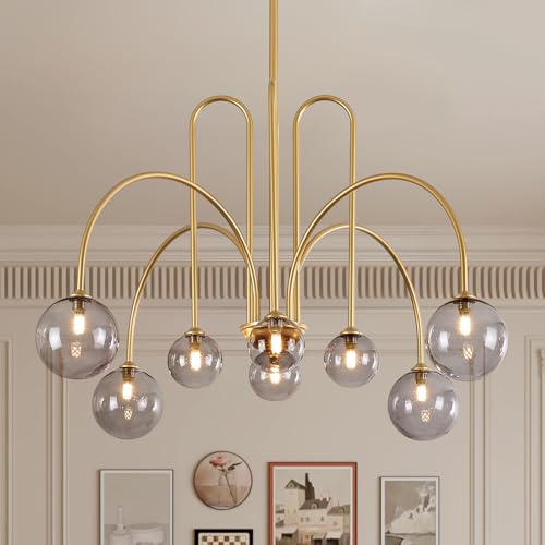 MERINEA Gold Sputnik Chandelier with Smoke Glass Globe 8 Lights L41 Inch